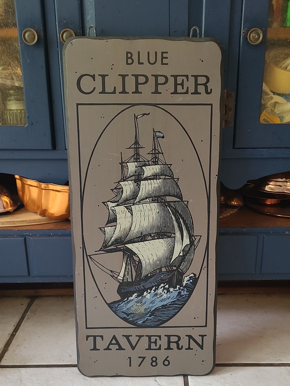 Blue Clipper Tavern Wall Art - Blue and Gray Nautical Sign 11x25